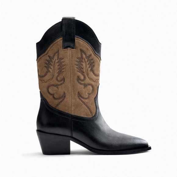 Zara Shoes - Embroidered REAL Leather Western Cowboy Ankle Boots  🤠